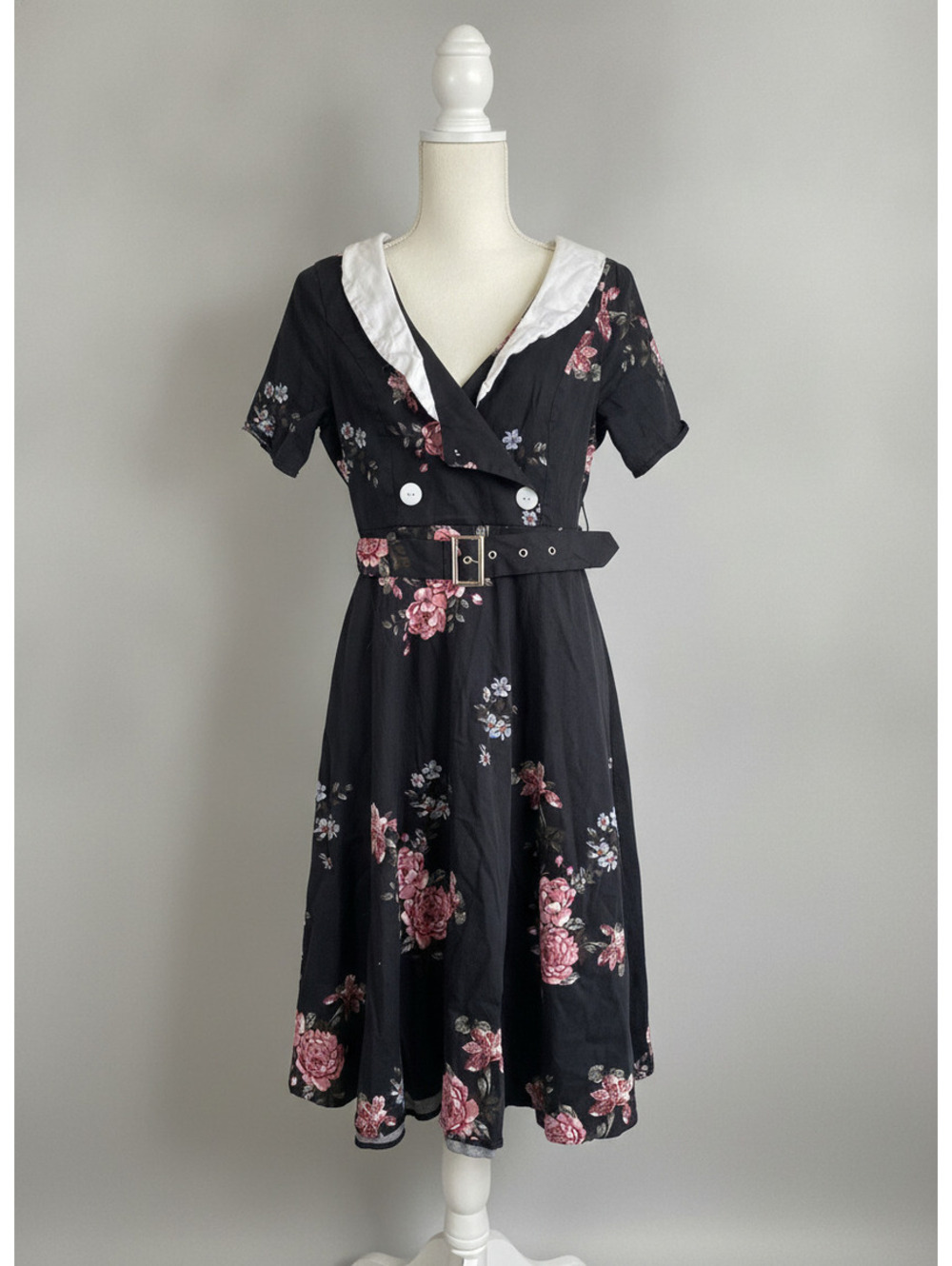 Pinup retro sailor collared circle swing dress Black floral short sleeve xs
